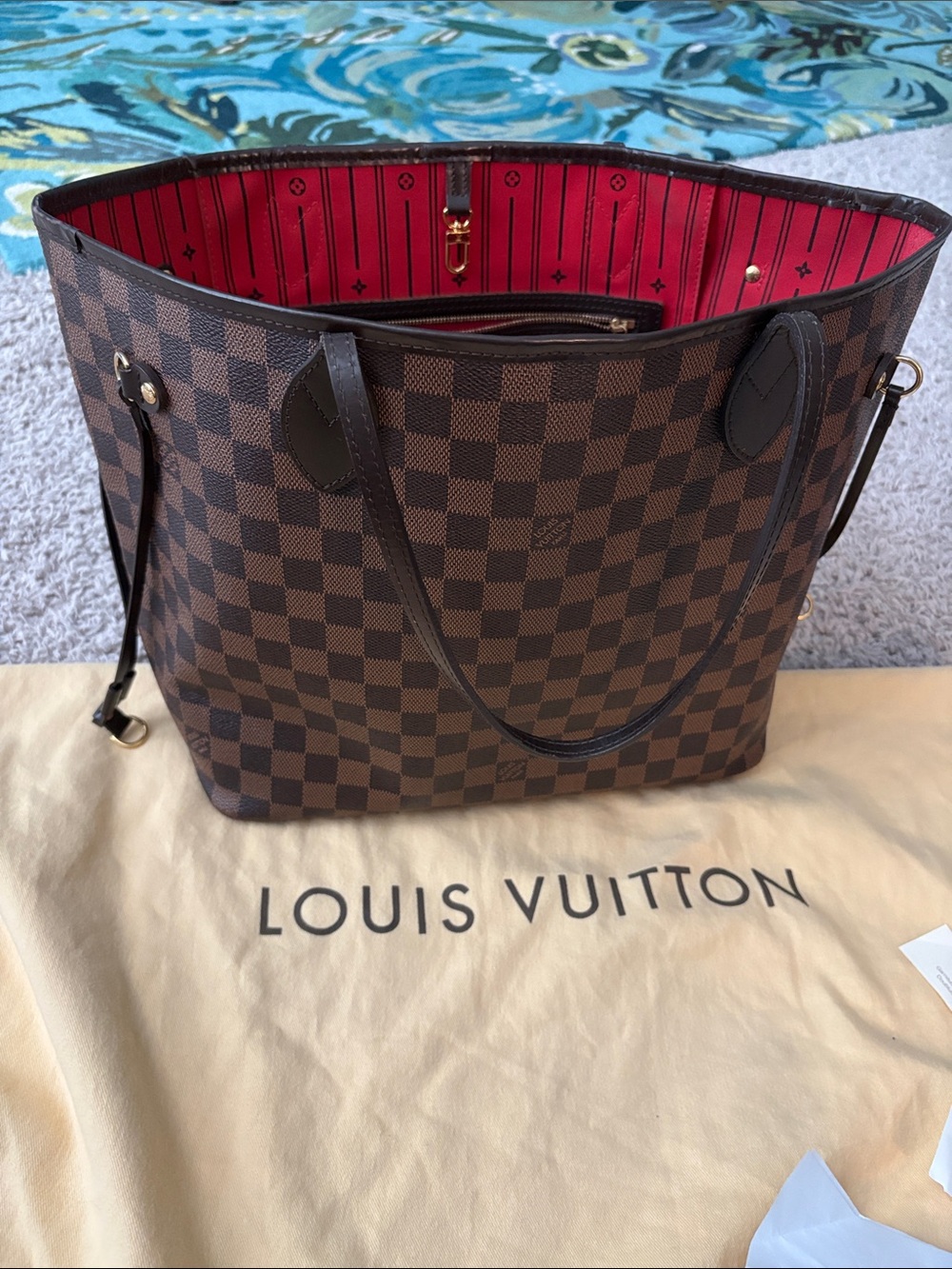Louis Vuitton Brown Damier Ebene Neverful Tote with Red Lining
